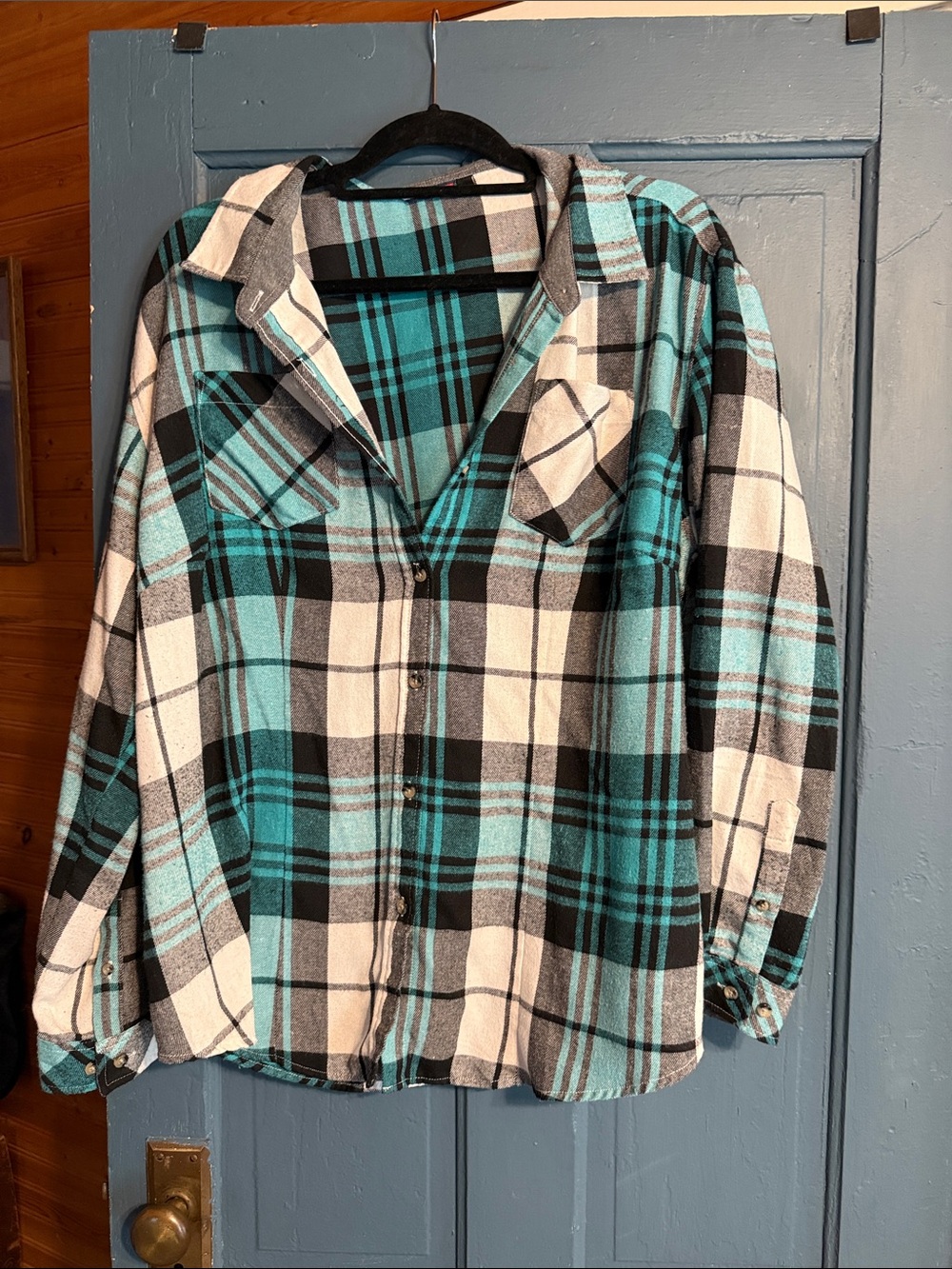 Turquoise Plaid Button-Up Shirt Jacket - Women